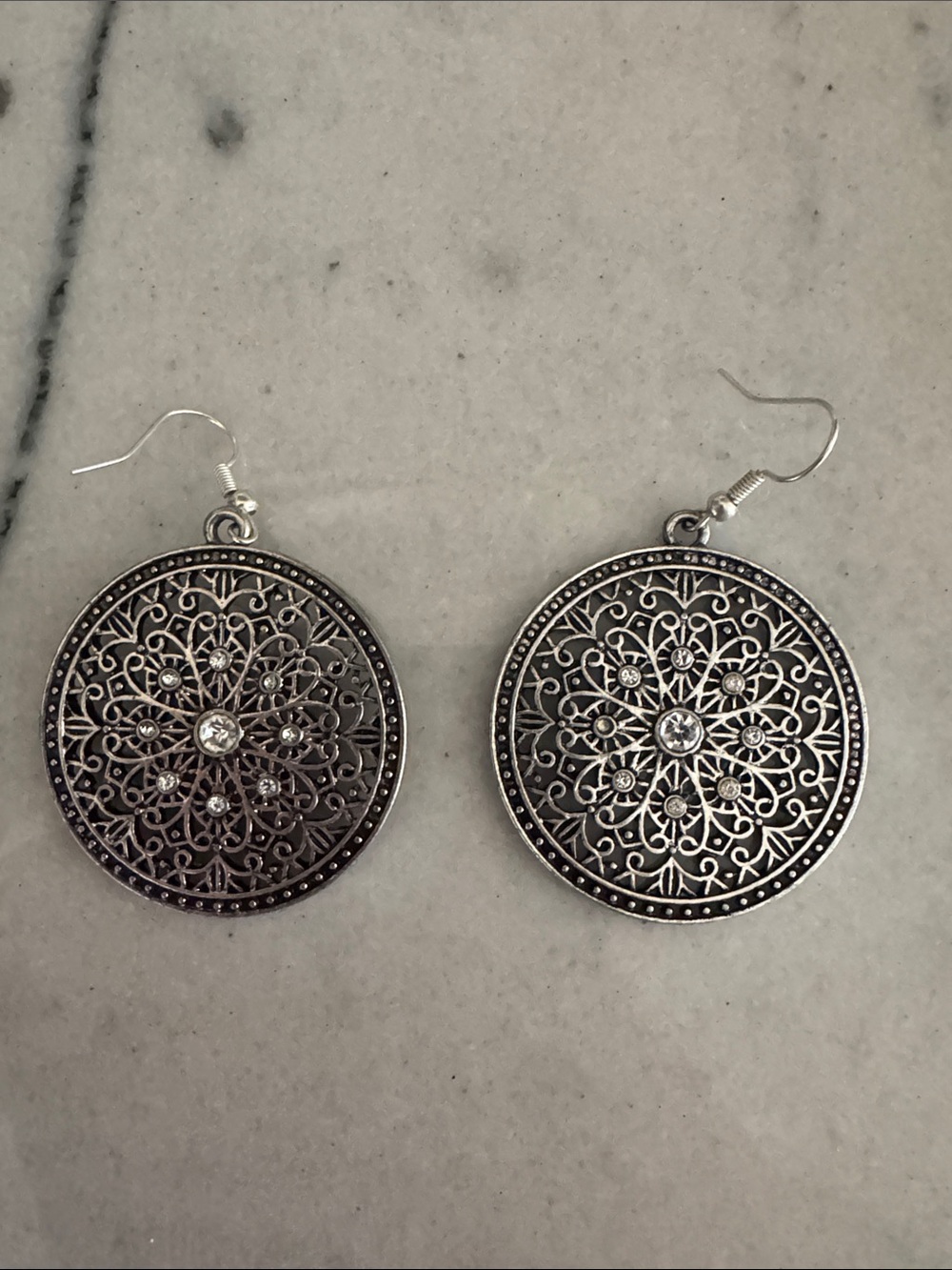 Silver Filigree Round Drop Earrings with Rhinestone Accent